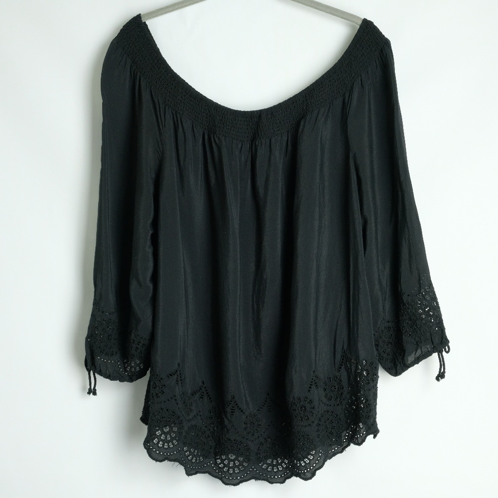 Lucky Brand Black Off Shoulder Embroider Top, Sz L - Picture 2 of 8